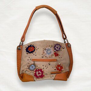 BCBG MAX AZRIA Embroidered Studded Shoulder Bag - Beige/Orange